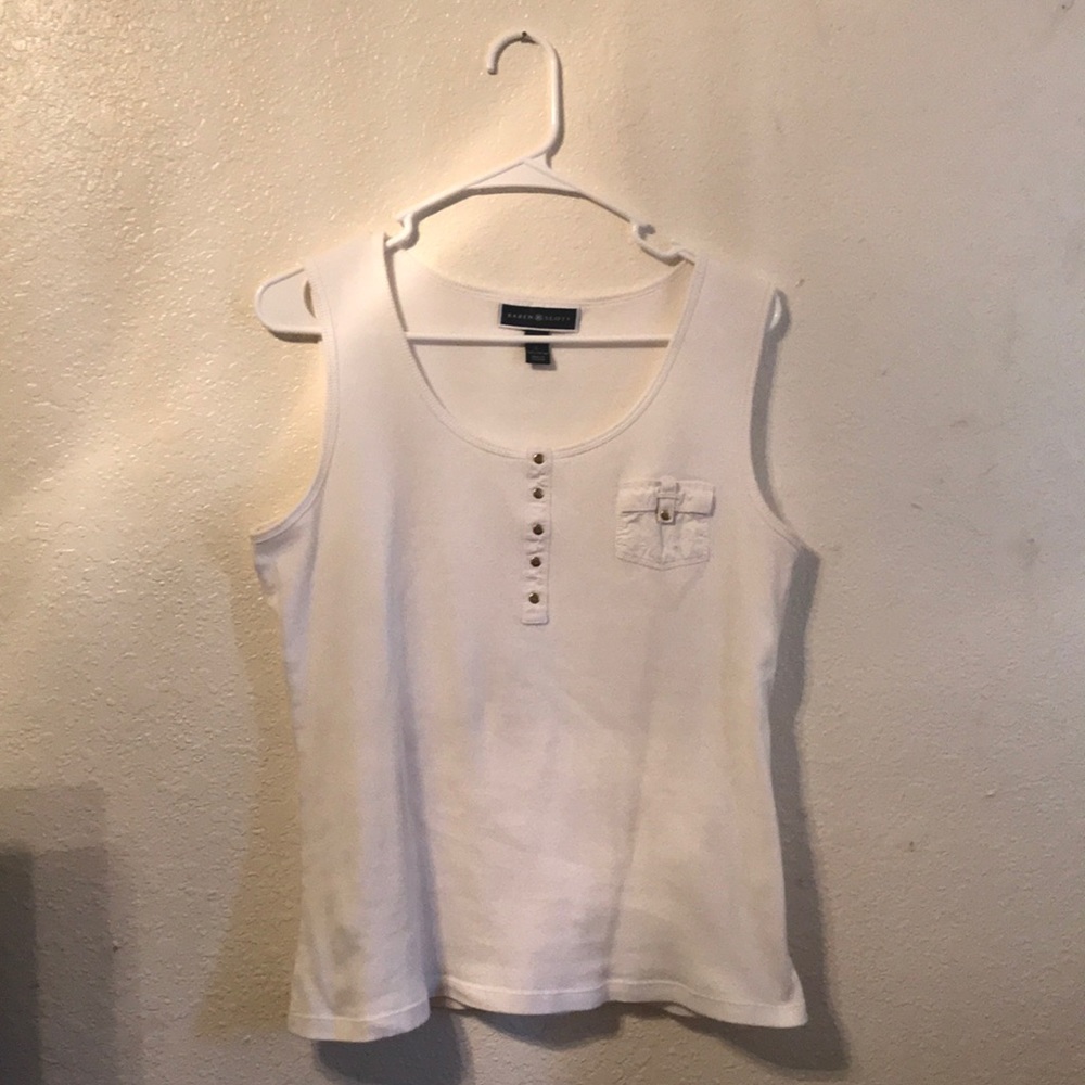 Karen Scott White Ribbed Tank Too w/ gold Buttons